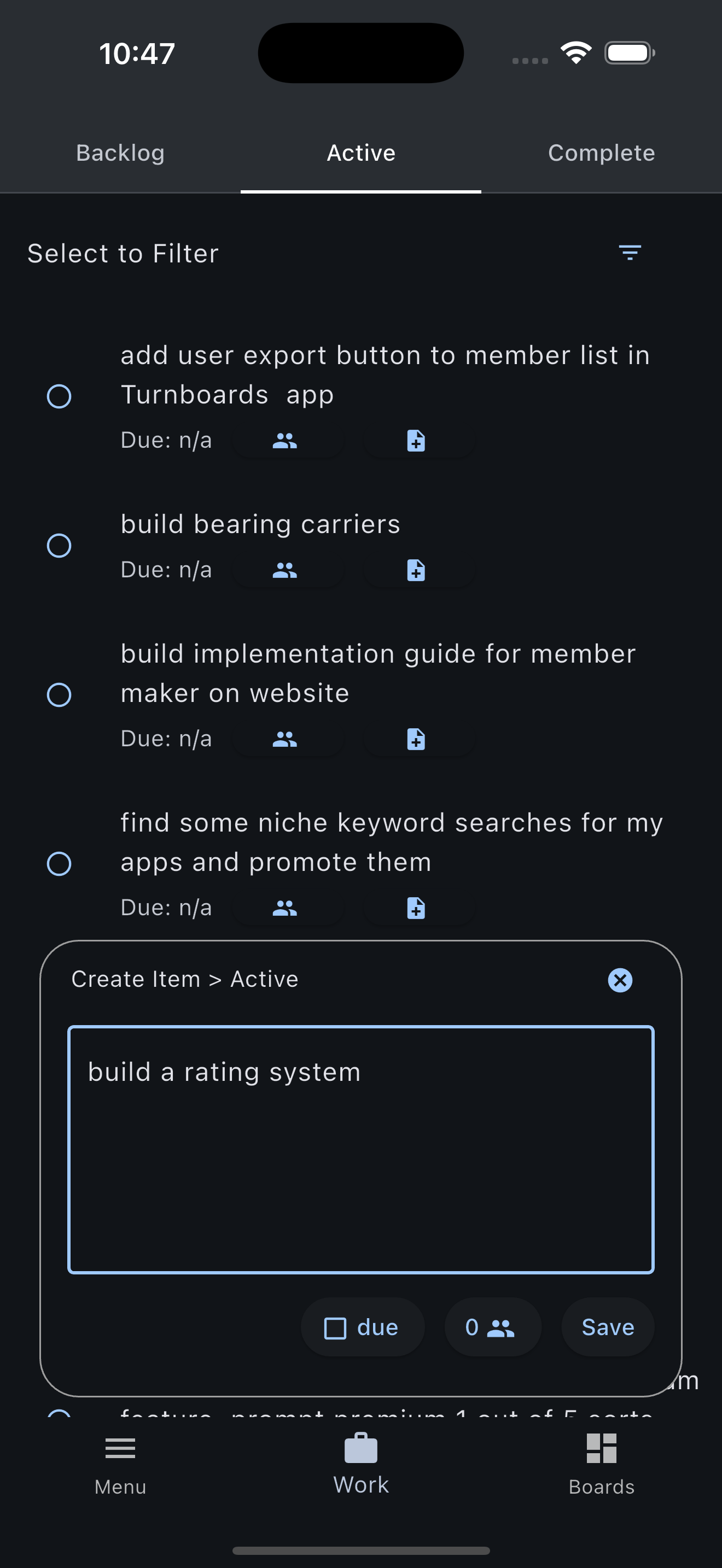 Turnboards quick-entry panel for adding a task, due date, and assignees
